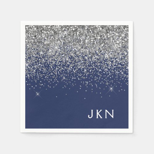 Silver Navy Blue Girly Glitter Sparkle Monogram Napkins