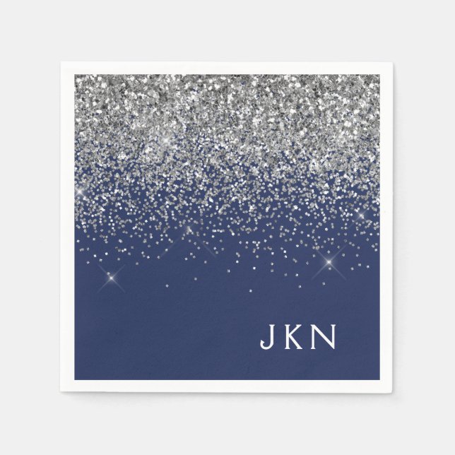 Silver Navy Blue Girly Glitter Sparkle Monogram Napkins (Front)