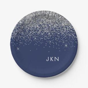 Silver Navy Blue Girly Glitter Sparkle Monogram Paper Plates