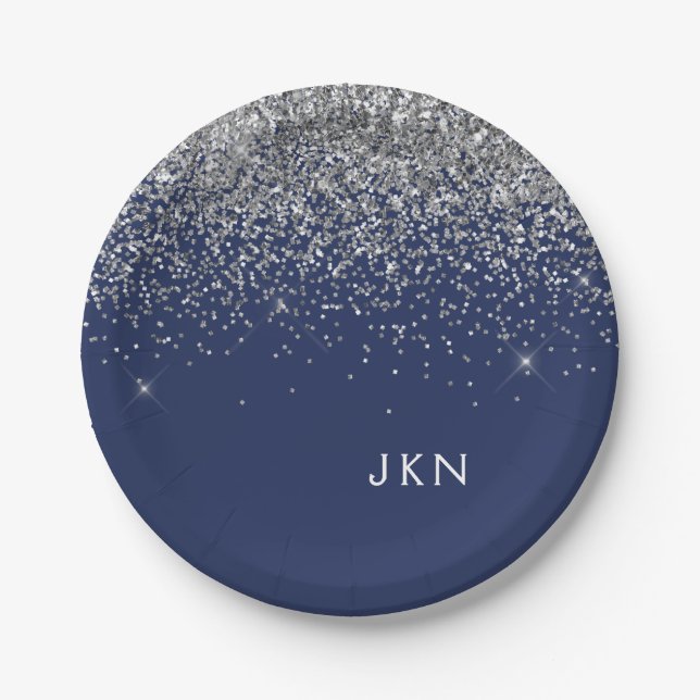 Silver Navy Blue Girly Glitter Sparkle Monogram Paper Plates (Front)