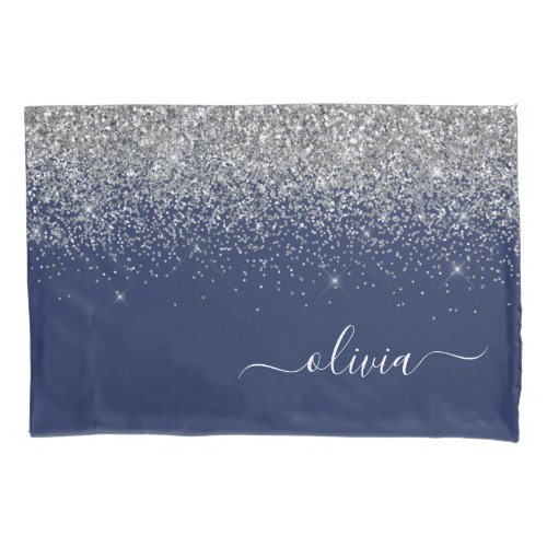 Silver Navy Blue Girly Glitter Sparkle Monogram Pillow Case
