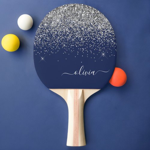 Silver Navy Blue Girly Glitter Sparkle Monogram Ping Pong Paddle