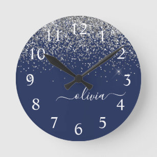 Silver Navy Blue Girly Glitter Sparkle Monogram Round Clock