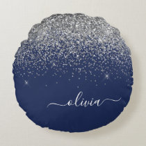 Silver Navy Blue Girly Glitter Sparkle Monogram Round Pillow