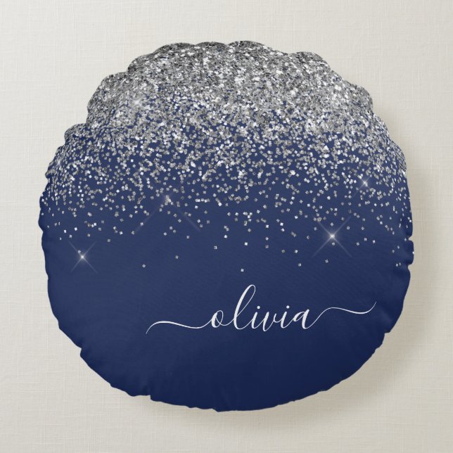 Silver Navy Blue Girly Glitter Sparkle Monogram Round Pillow (Front)
