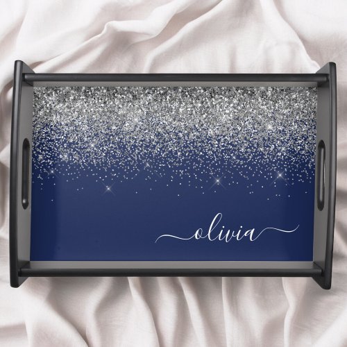 Silver Navy Blue Girly Glitter Sparkle Monogram Serving Tray