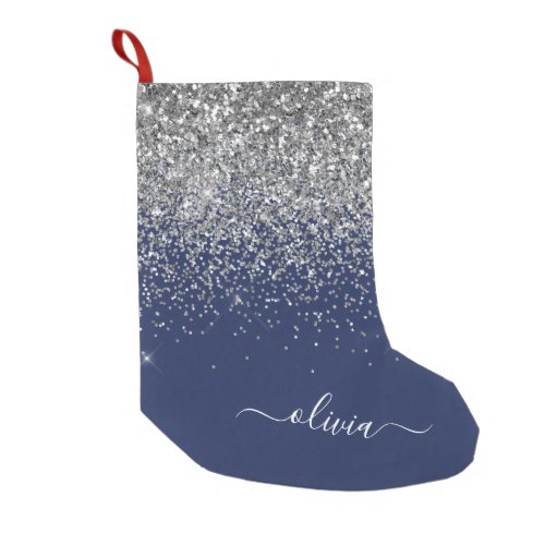 Silver Navy Blue Girly Glitter Sparkle Monogram Small Christmas Stocking