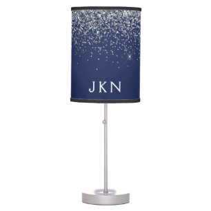 Silver Navy Blue Girly Glitter Sparkle Monogram Table Lamp