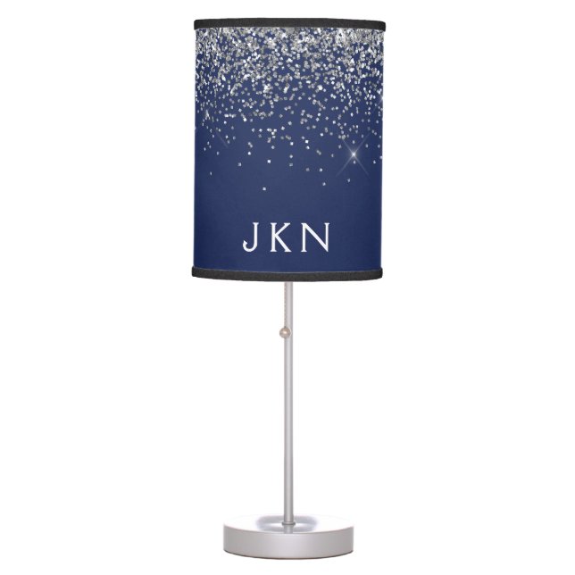 Silver Navy Blue Girly Glitter Sparkle Monogram Table Lamp (Front)