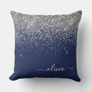 Silver Navy Blue Girly Glitter Sparkle Monogram Throw Pillow