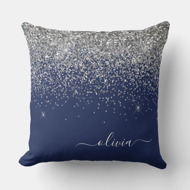 Silver Navy Blue Girly Glitter Sparkle Monogram Throw Pillow (Front)