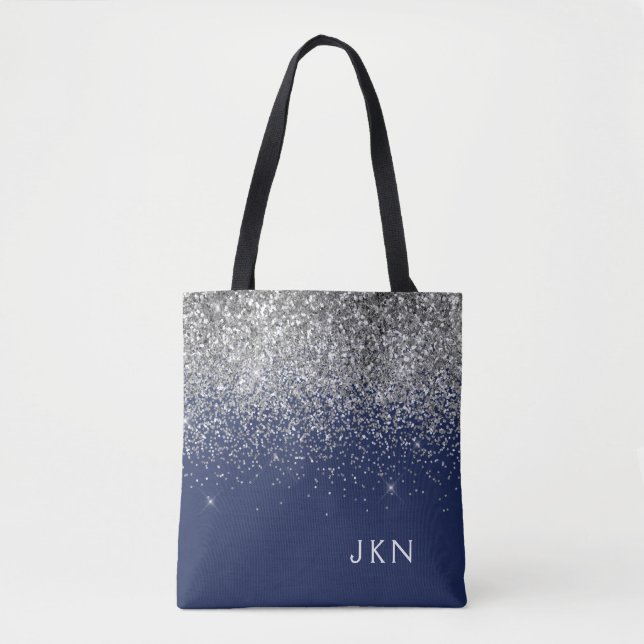 Silver Navy Blue Girly Glitter Sparkle Monogram Tote Bag (Front)