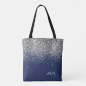 Silver Navy Blue Girly Glitter Sparkle Monogram Tote Bag (Back)