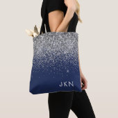 Silver Navy Blue Girly Glitter Sparkle Monogram Tote Bag (Close Up)