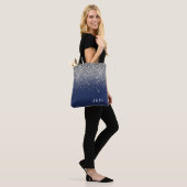 Silver Navy Blue Girly Glitter Sparkle Monogram Tote Bag (On Model)