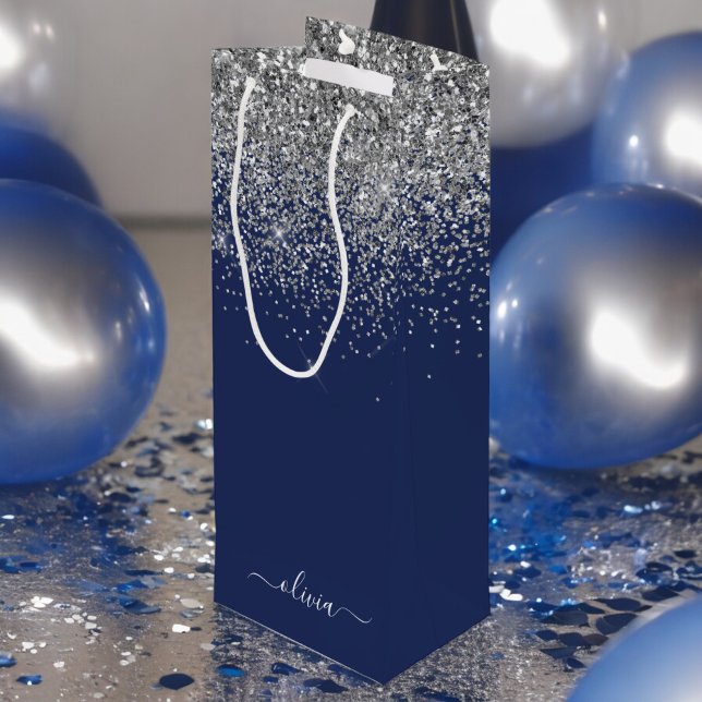 Silver Navy Blue Girly Glitter Sparkle Monogram Wine Gift Bag (Creator Uploaded)
