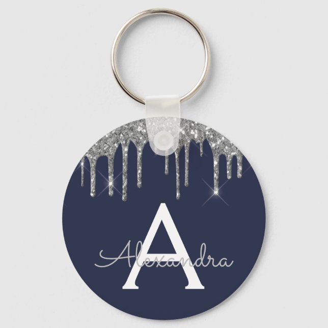 Silver Navy Blue Girly Sparkly Glitter Monogram Keychain (Front)
