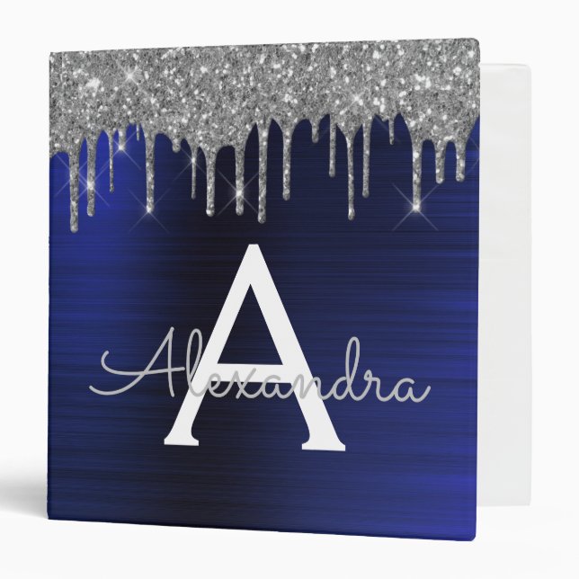 Silver Navy Blue Glitter Brushed Metal Monogram 3 Ring Binder (Front/Inside)