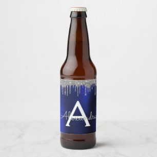 Silver Navy Blue Glitter Brushed Metal Monogram Beer Bottle Label