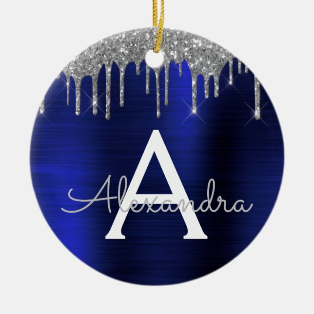 Silver Navy Blue Glitter Brushed Metal Monogram Ceramic Ornament (Front)