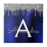 Silver Navy Blue Glitter Brushed Metal Monogram Ceramic Tile<br><div class="desc">Silver and Navy Blue Faux Foil Metallic Sparkle Glitter Brushed Metal Monogram Name and Initial Ceramic Tiles. This makes the perfect sweet 16 birthday, wedding, bridal shower, anniversary, baby shower or bachelorette party gift for someone that loves glam luxury and chic styles.</div>
