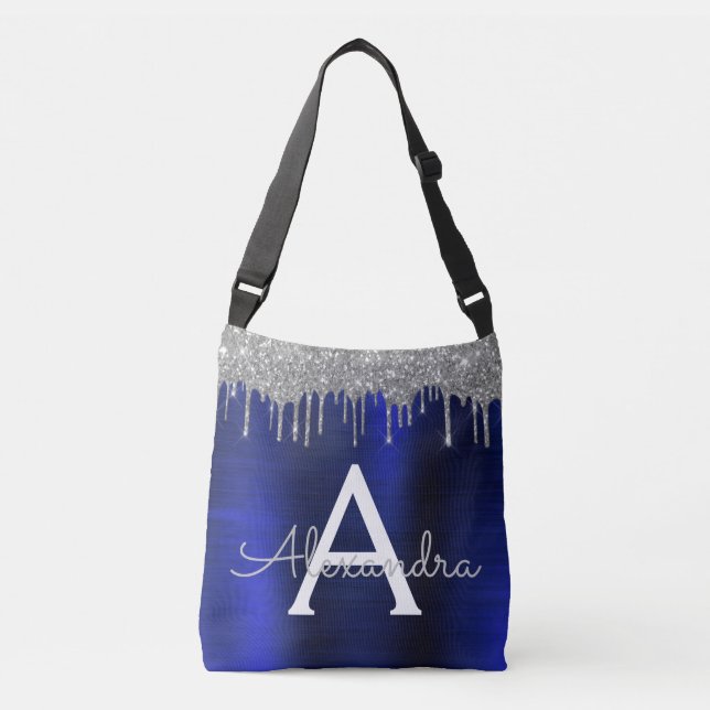 Silver Navy Blue Glitter Brushed Metal Monogram Crossbody Bag (Front)