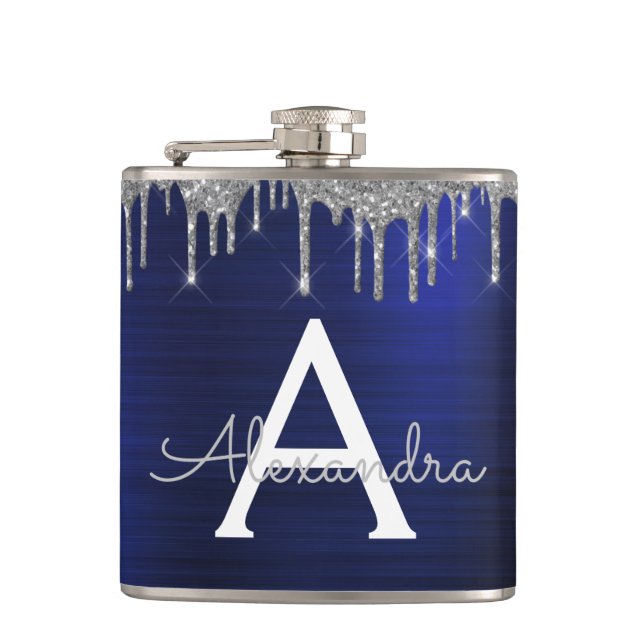 Silver Navy Blue Glitter Brushed Metal Monogram Flask (Front)