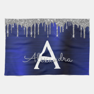 Silver Navy Blue Glitter Brushed Metal Monogram Kitchen Towel
