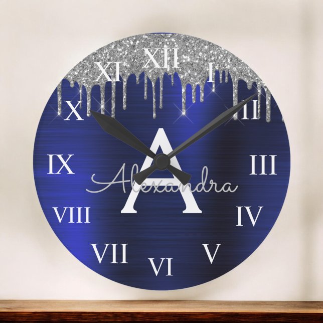 Silver Navy Blue Glitter Brushed Metal Monogram Large Clock (Creator Uploaded)