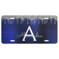 Silver Navy Blue Glitter Brushed Metal Monogram