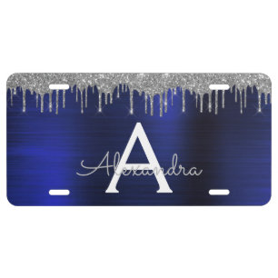 Silver Navy Blue Glitter Brushed Metal Monogram License Plate