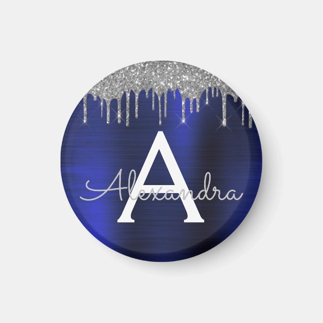 Silver Navy Blue Glitter Brushed Metal Monogram Magnet (Front)