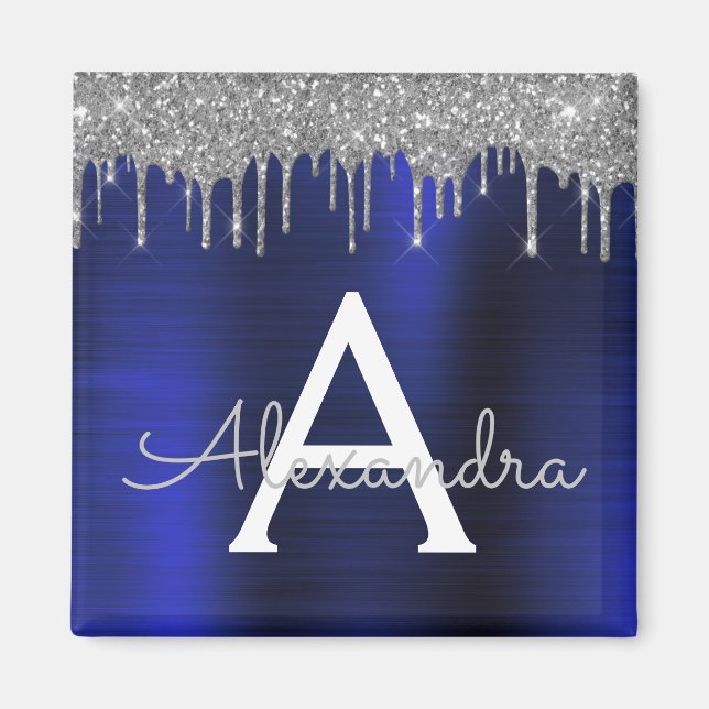 Silver Navy Blue Glitter Brushed Metal Monogram Magnet (Front)
