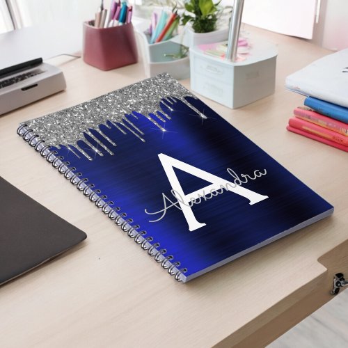 Silver Navy Blue Glitter Brushed Metal Monogram Notebook