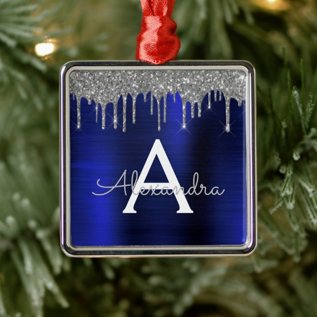 Silver Navy Blue Glitter Brushed Metal Monogram Ornament (Tree)
