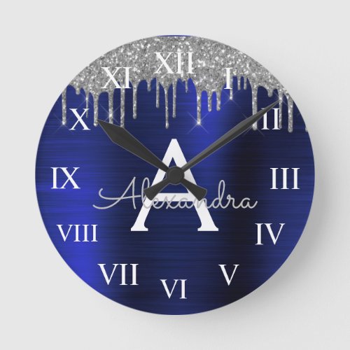 Silver Navy Blue Glitter Brushed Metal Monogram Round Clock