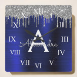 Silver Navy Blue Glitter Brushed Metal Monogram Square Wall Clock<br><div class="desc">Silver and Navy Blue Faux Foil Metallic Sparkle Glitter Brushed Metal Monogram Name and Initial Luxury Wall Clock. This makes the perfect sweet 16 birthday,  wedding,  bridal shower,  anniversary,  baby shower or bachelorette party gift for someone that loves glam luxury and chic styles.</div>