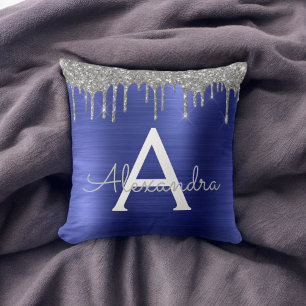 Silver Navy Blue Glitter Brushed Metal Monogram Throw Pillow