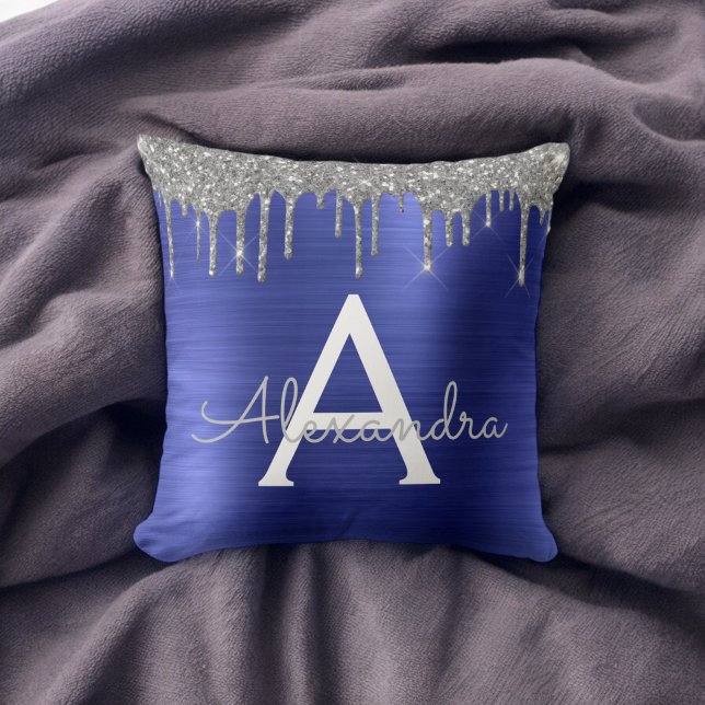 Silver Navy Blue Glitter Brushed Metal Monogram Throw Pillow (Creator Uploaded)