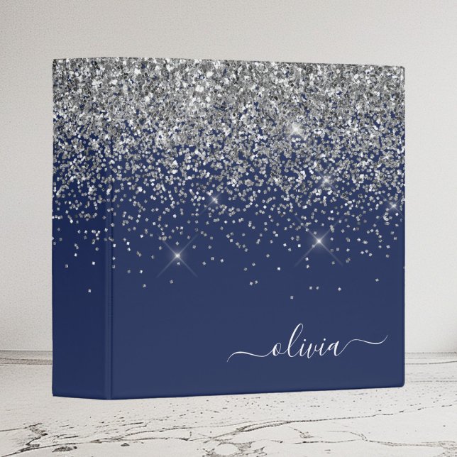 Silver Navy Blue Glitter Girly Monogram Name 3 Ring Binder (Creator Uploaded)