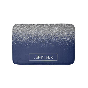 Silver Navy Blue Glitter Girly Monogram Name Bath Mat