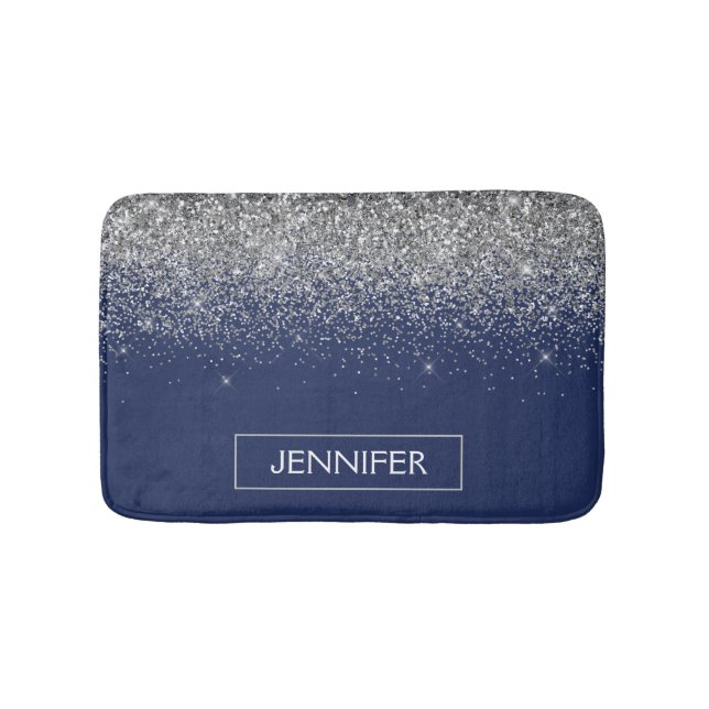 Silver Navy Blue Glitter Girly Monogram Name Bath Mat (Front)