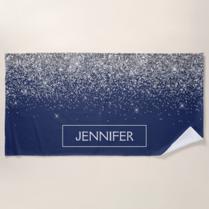 Silver Navy Blue Glitter Girly Monogram Name Beach Towel