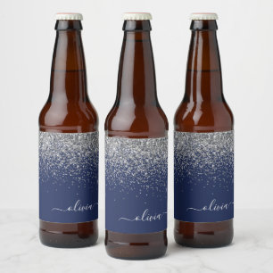 Silver Navy Blue Glitter Girly Monogram Name Beer Bottle Label