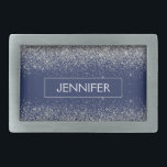 Silver Navy Blue Glitter Girly Monogram Name Belt Buckle<br><div class="desc">Silver and Navy Blue Sparkle Glitter Monogram Name Belt Buckle. This makes the perfect graduation,  sweet 16 16th,  18th,  21st,  30th,  40th,  50th,  60th,  70th,  80th,  90th,  100th birthday,  wedding,  bridal shower,  anniversary,  baby shower or bachelorette party gift for someone that loves glam luxury and chic styles.</div>