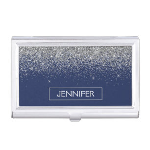 Silver Navy Blue Glitter Girly Monogram Name Business Card Case