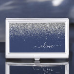 Silver Navy Blue Glitter Girly Monogram Name Business Card Case<br><div class="desc">Navy Blue and Silver Sparkle Glitter Script Monogram Name Business Card Holder. This makes the perfect sweet 16 birthday,  wedding,  bridal shower,  anniversary,  baby shower or bachelorette party gift for someone that loves glam luxury and chic styles.</div>