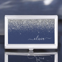 Silver Navy Blue Glitter Girly Monogram Name Business Card Case