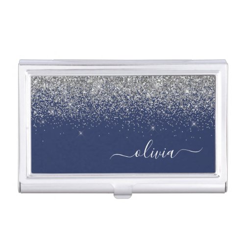 Silver Navy Blue Glitter Girly Monogram Name Business Card Case