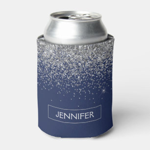 Silver Navy Blue Glitter Girly Monogram Name Can Cooler